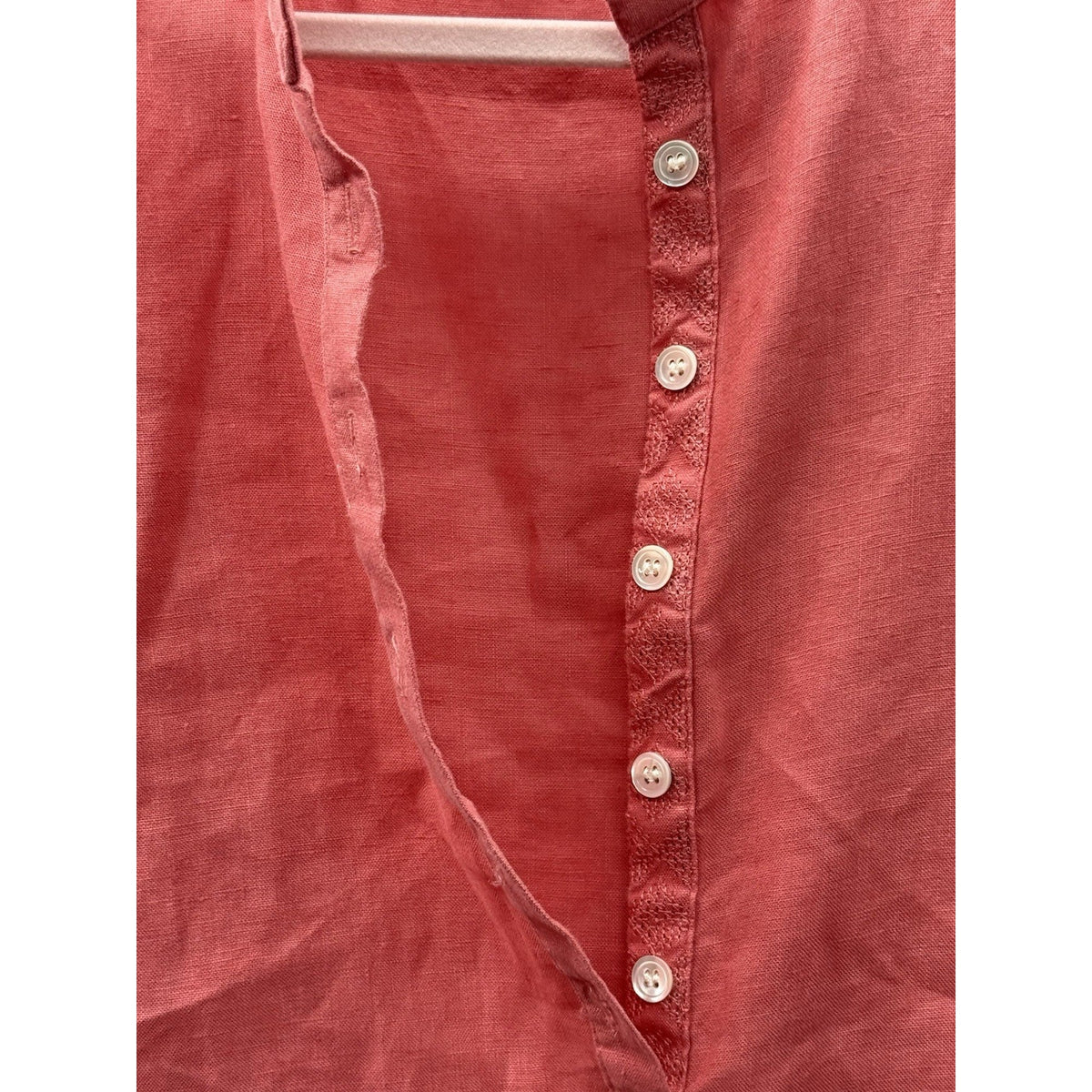 Charter Club Linen Top Sz 8 Coral Pink Roll-Tab Sleeve Mandarin Collar Coastal