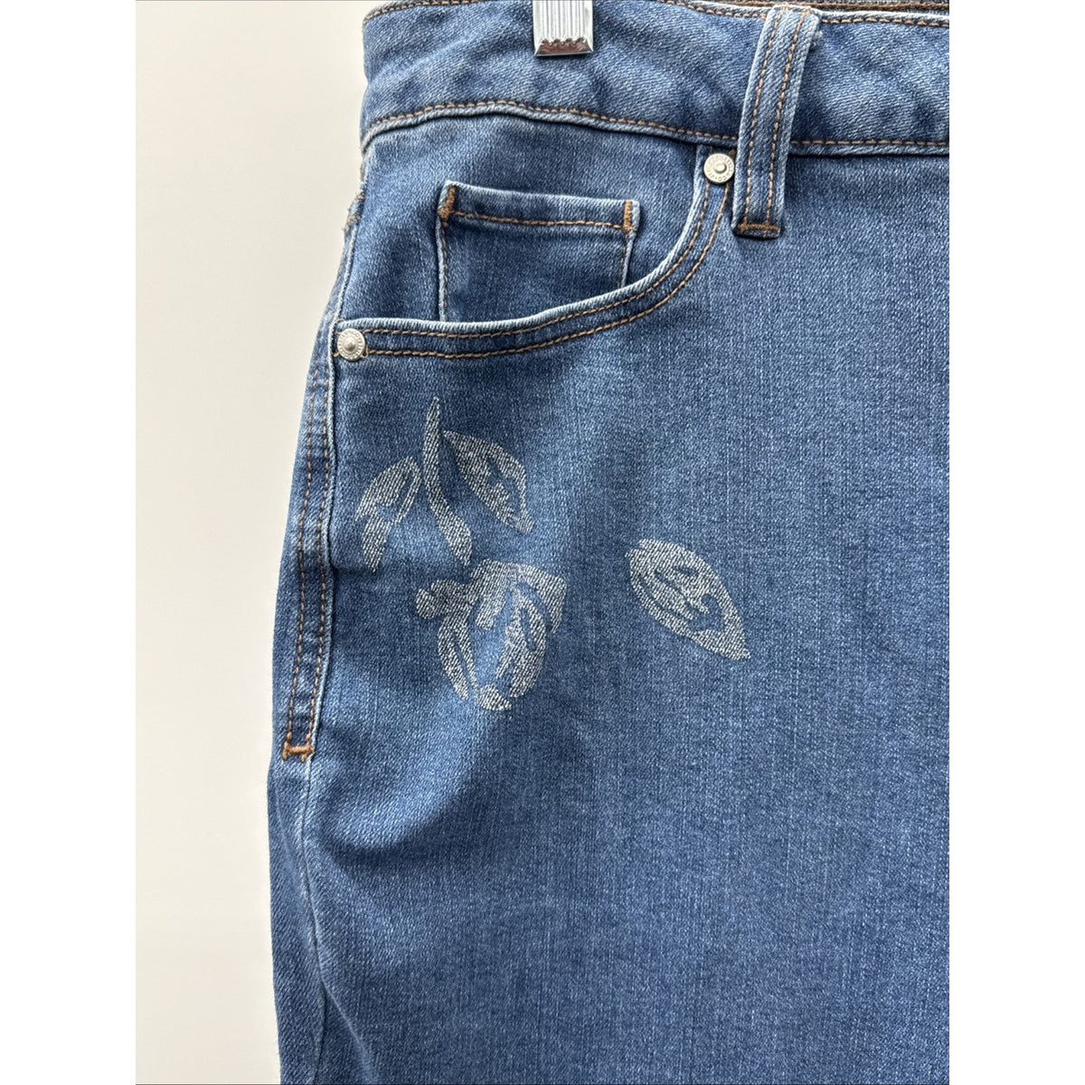 Style & Co. Womens Sz 14 Straight Leg Jeans Blue Floral Print 5 Pocket Boho