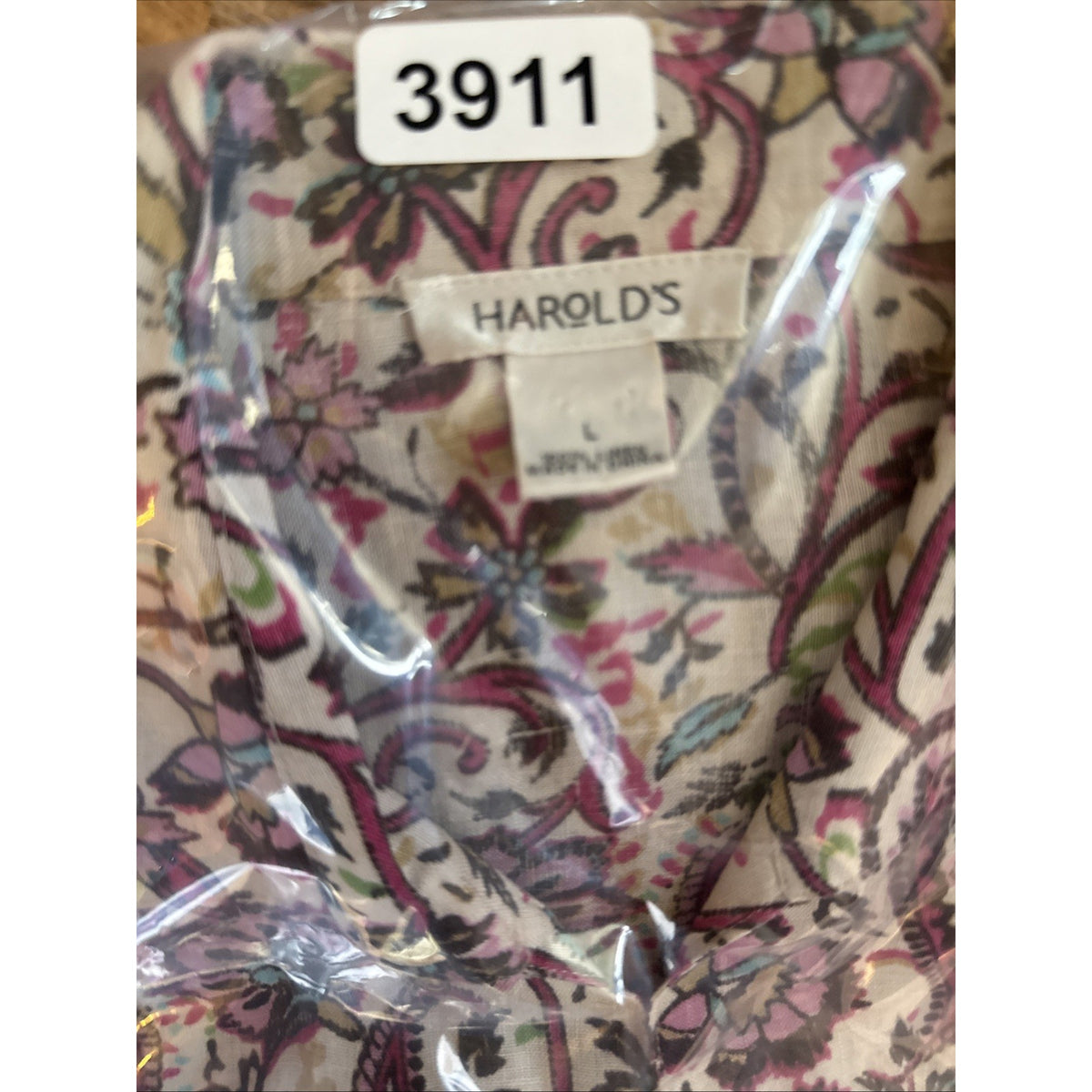 Harold’s Women’s L 100% Linen Blouse Pink Paisley Floral Tie Waist Sleeveless
