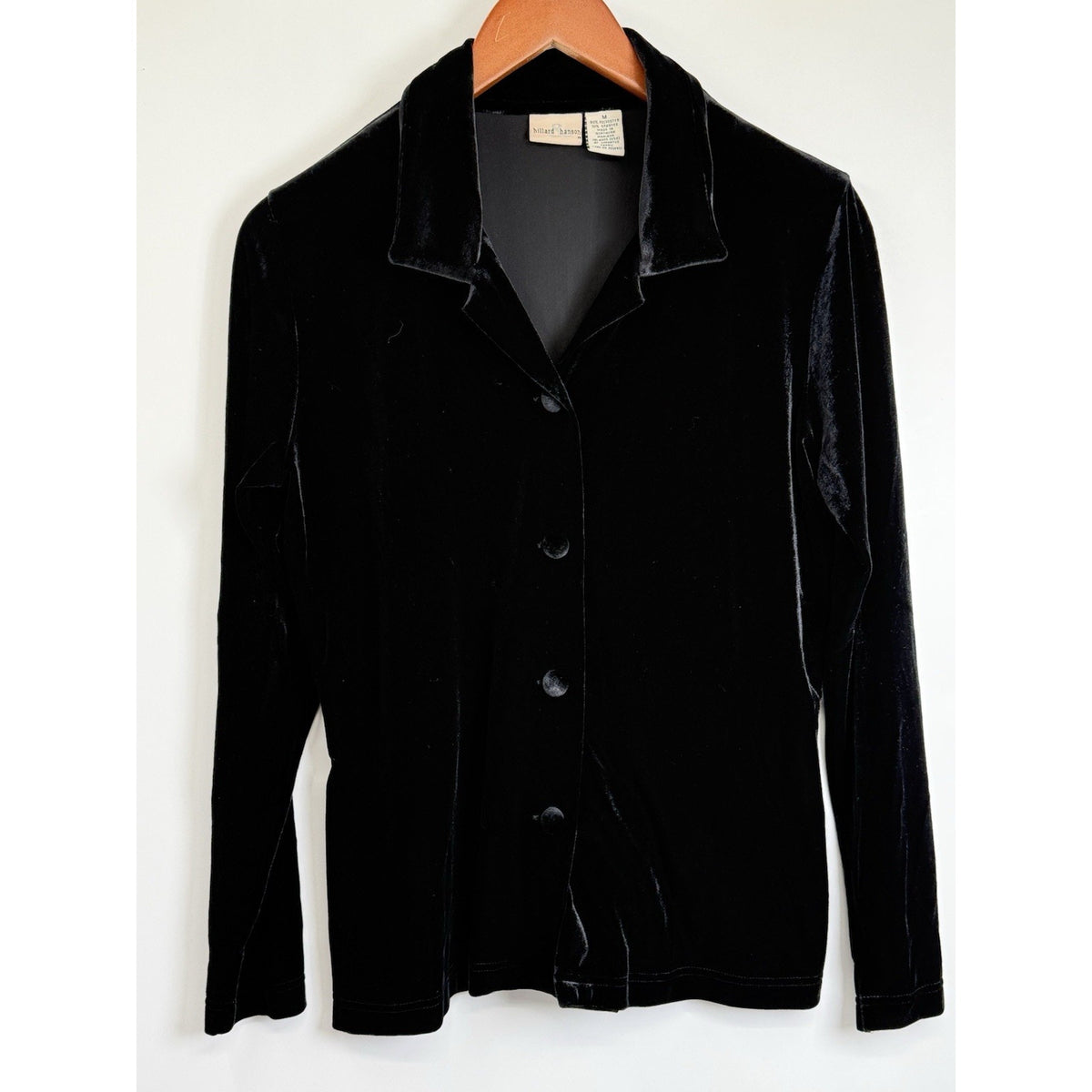 Hillard & Hanson Black Velvet Button Front Top M Stretch Soft Classic Minimalist