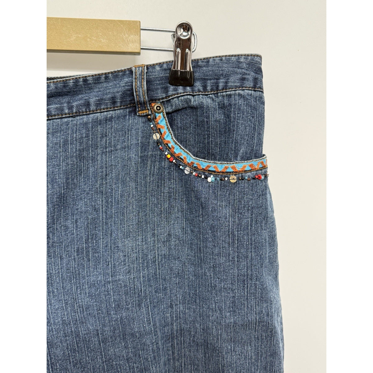 Ruby Rd Capri Jeans Womens 14 Embellished Beaded Fringe Hem Stretch Denim Blue