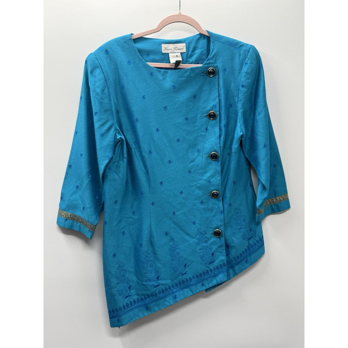 Laura Henson Womens Size 12 Teal Jacquard Asymmetrical Jacket Top Vintage