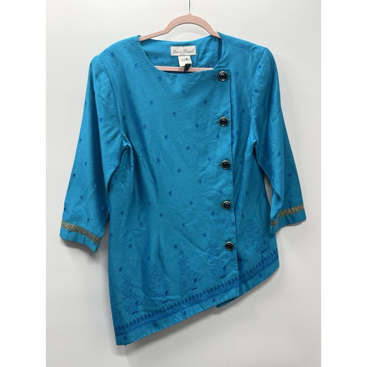 Laura Henson Womens Size 12 Teal Jacquard Asymmetrical Jacket Top Vintage