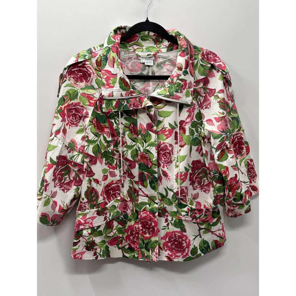 Just B Large Floral Utility Jacket White Pink Green Cotton Zip Front