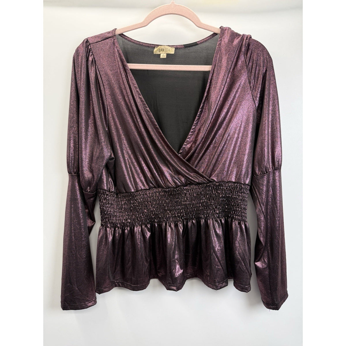 Lavish Metallic Plum Peplum Top L Puff Sleeve Smocked Y2K Party Blouse
