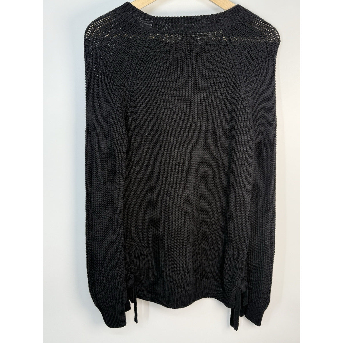 SO Black Knit Sweater Women’s Large Lace Up Sides Long Sleeve Pull On Casual