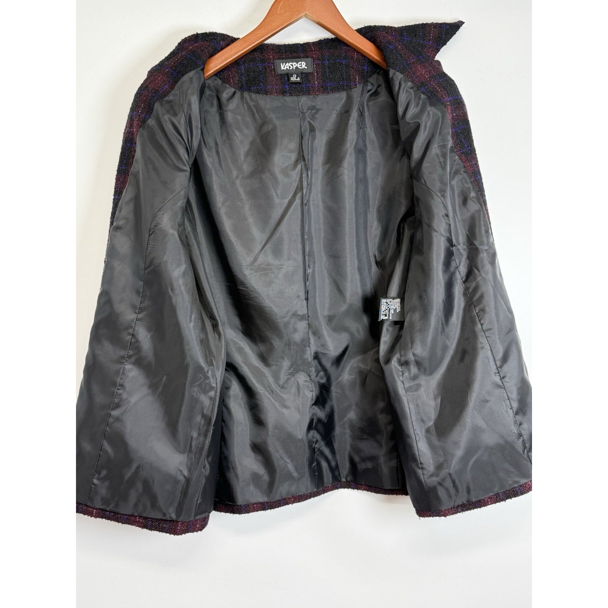 Kasper Plaid Wool Blend Button Front Jacket Blazer Size 12 Burgundy Black