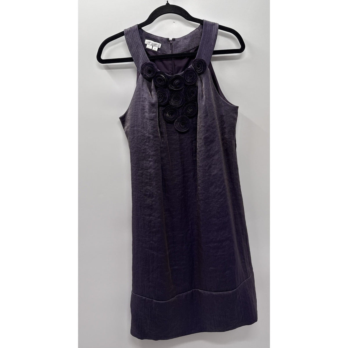 London Times Purple Rosette Shift Dress Size 10 Sleeveless Back Zip Lined