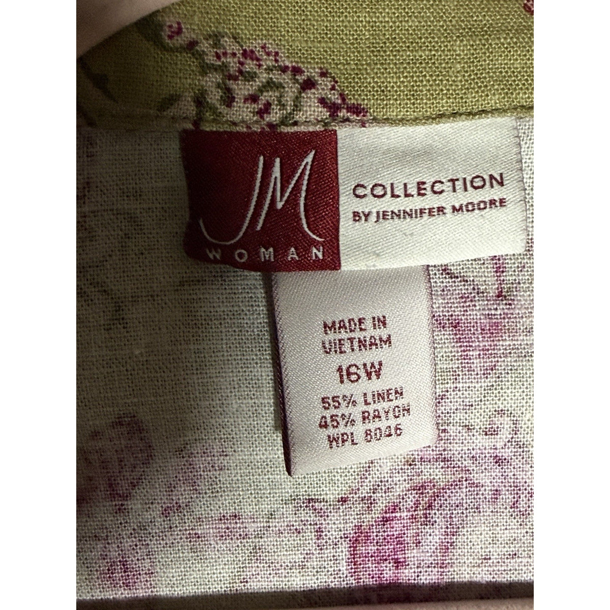 JM Collection Womens 16W Linen Rayon Paisley Floral Button Shirt Green Pink