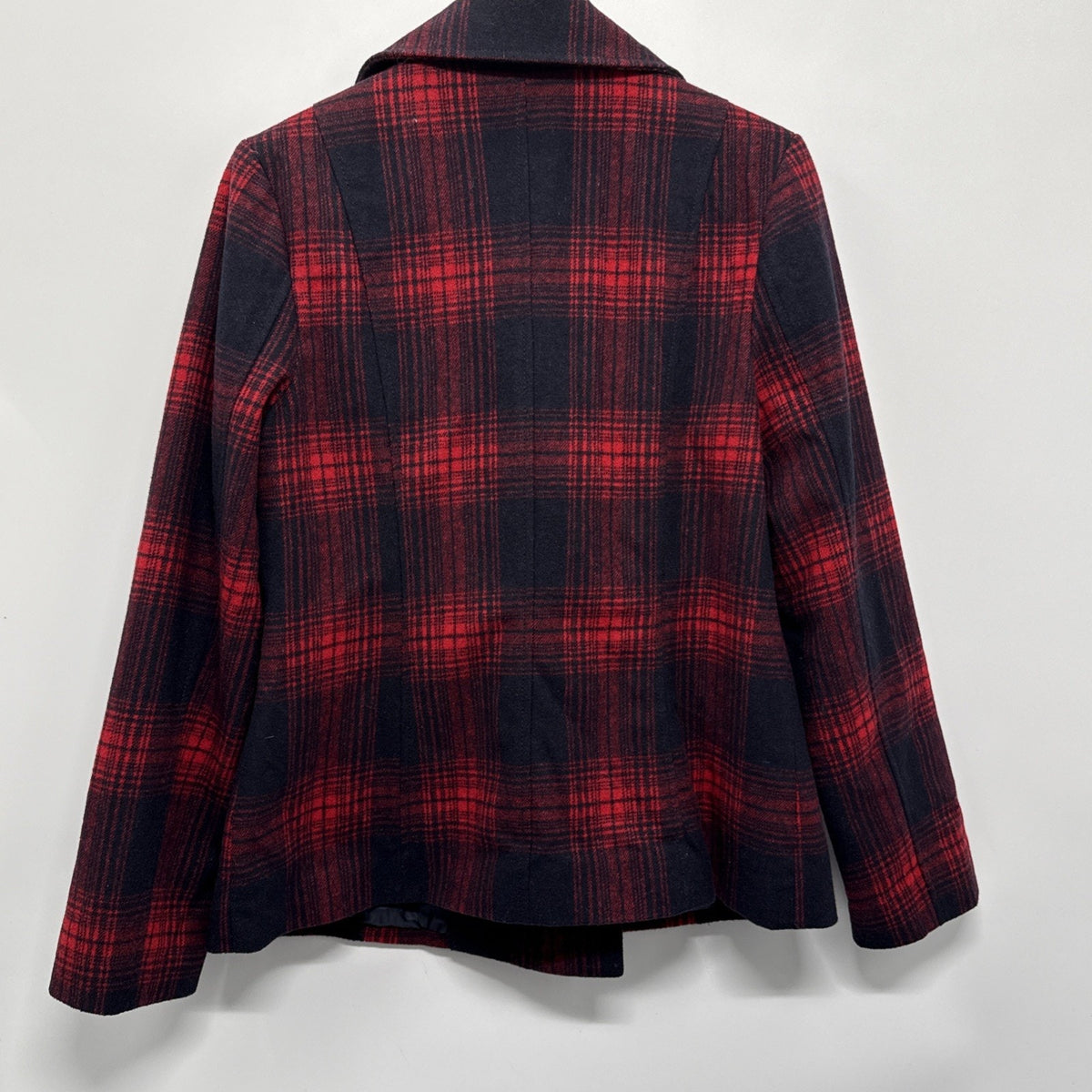 Old Navy Recycled Wool Blend Red Plaid Double Breasted Jacket Pea Coat Sz L
