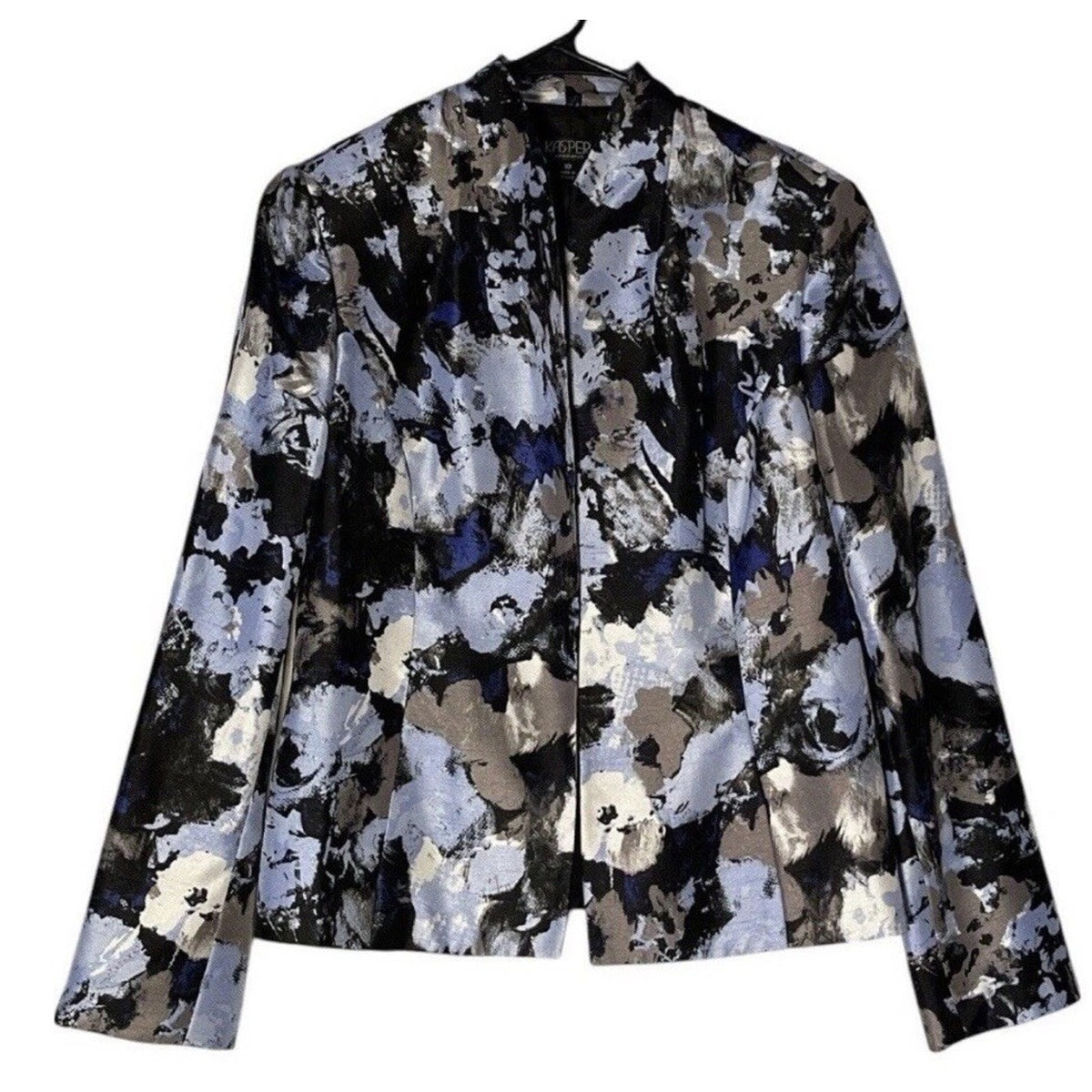 Kasper Women Abstract Floral blazer blue Gray White Career Workwear Size 10