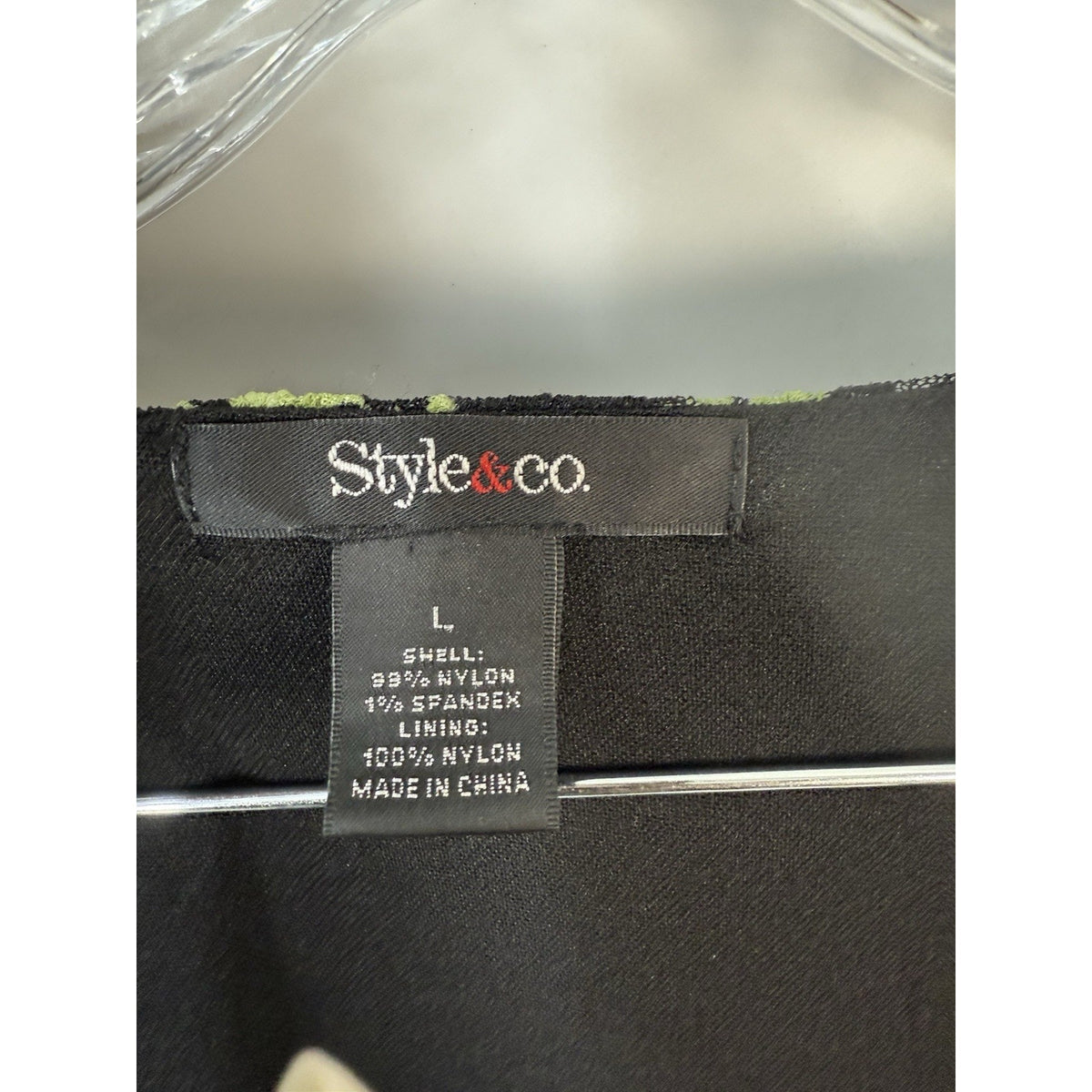 Style & Co Lace Floral Sheer Overlay Top Black Green L Lined Short Sleeve Women