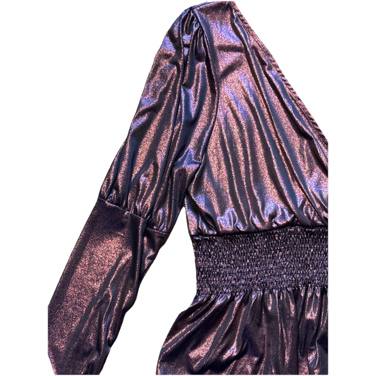 Lavish Metallic Plum Peplum Top L Puff Sleeve Smocked Y2K Party Blouse
