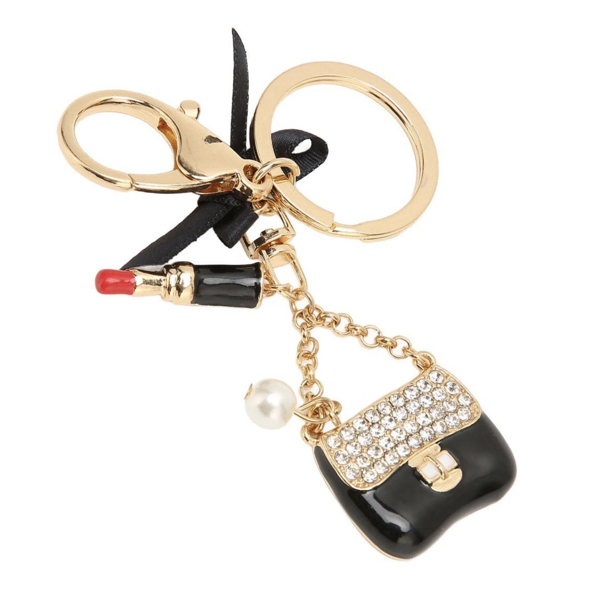Handbag Purse Charm Keychain Women’s Rhinestone Bag Lipstick Gold Tone Keyring