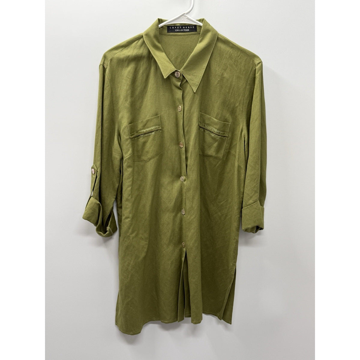 Crazy Horse Collection L Olive Green Button Front Roll Tab Blouse Tunic Pockets
