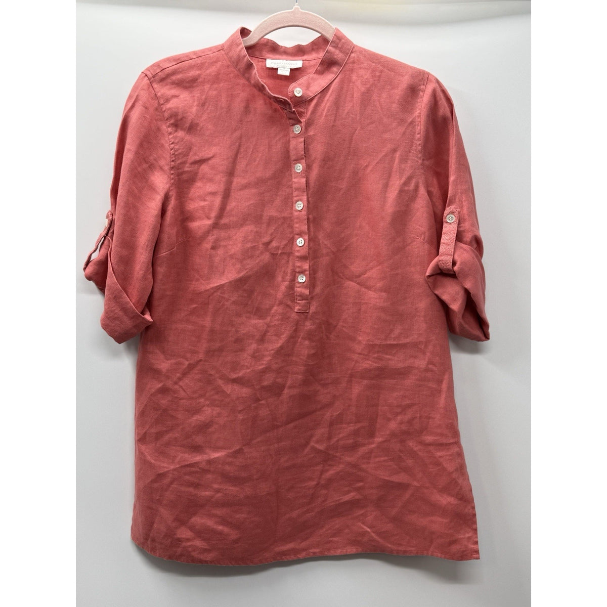 Charter Club Linen Top Sz 8 Coral Pink Roll-Tab Sleeve Mandarin Collar Coastal