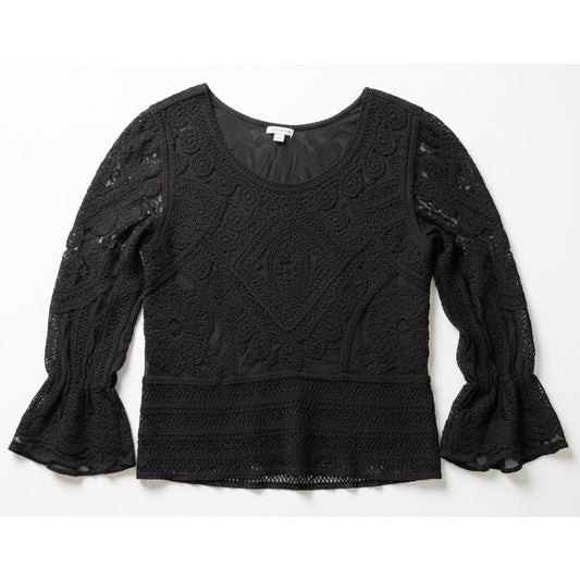 Ultra Pink Black Boho Crochet Lace Sheer Bell Sleeve Cottagecore Top Large