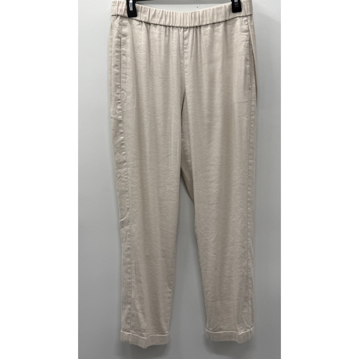 J.Jill Roll Tab Pants Women Small Beige Straight Leg Elastic Waist Linen Blend