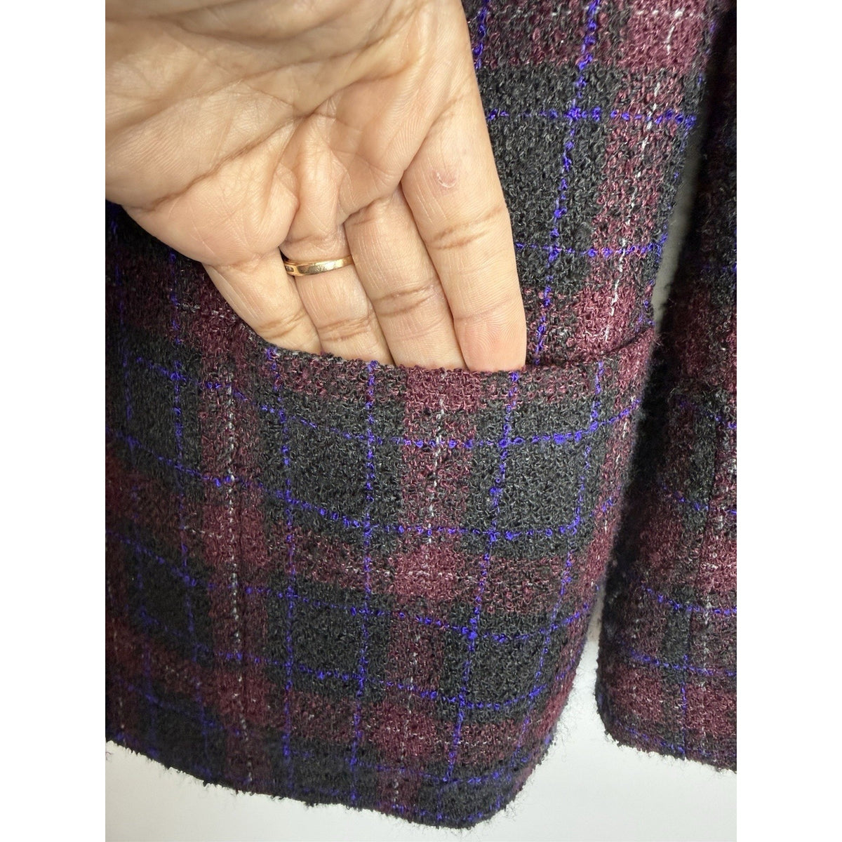 Kasper Plaid Wool Blend Button Front Jacket Blazer Size 12 Burgundy Black