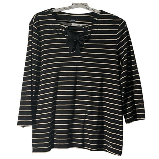 Nautica Women’s Stripe Lace-Up Top Size Large Long Sleeve Nautical Shirt Casual