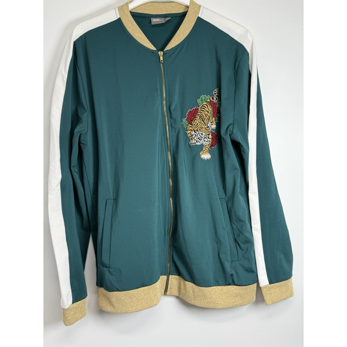 ASOS Tiger Embroidered Bomber Jacket XL Green Gold Zip Streetwear Y2K