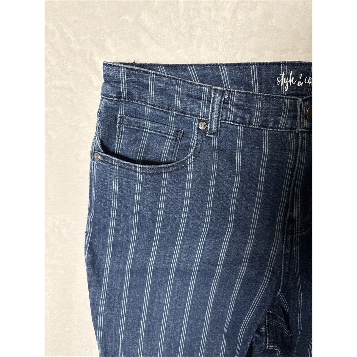 Style & Co Slim Ankle Jeans Womens 10 Blue Striped Denim Zip Fly 5-Pockets