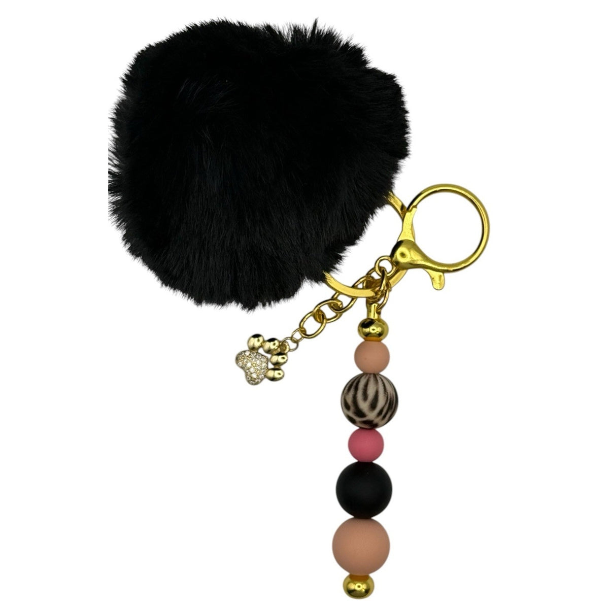 Keychain Gold Dog Paw Charm Black Pom Pom Purse Charm Neutral Chic