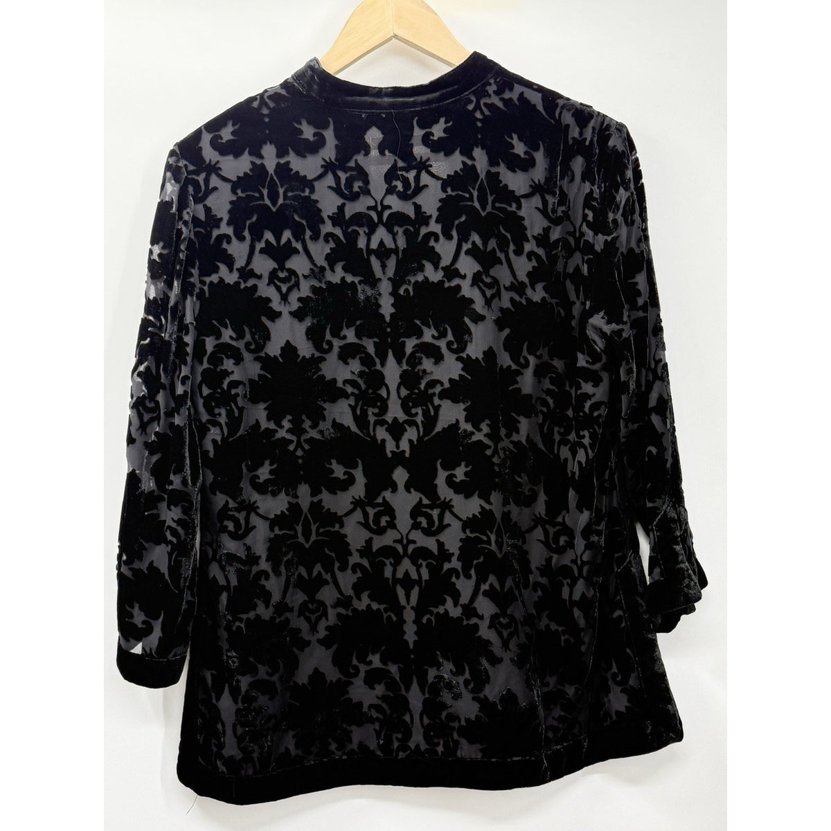 JM Collection Burnout Velvet Blouse Black Sheer Floral 3/4 Sleeve Sz 8