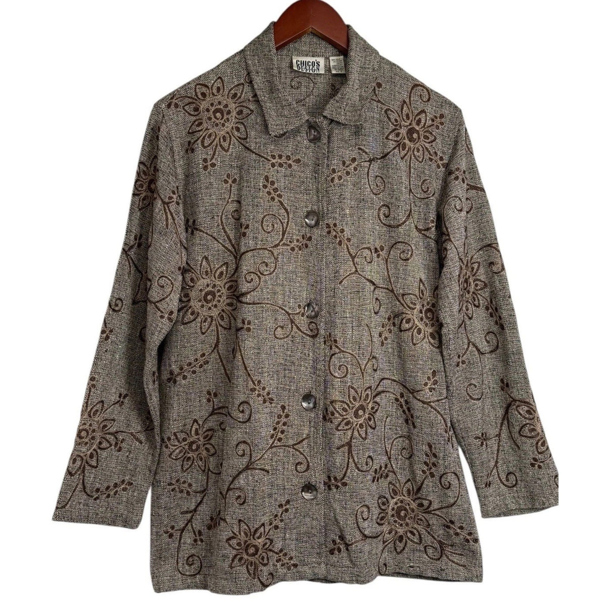 Chico’s Design Women 0 99% Silk Jacket Brown Embroidered Boho Dark Academia FLAW