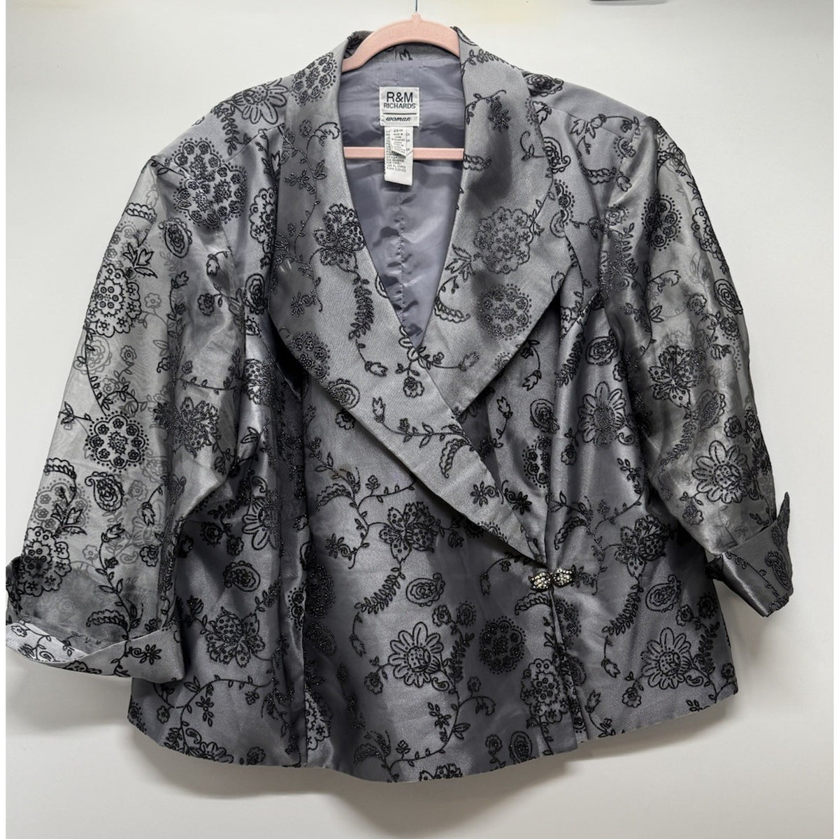 R&M Richards Womens 26W Gray Floral Embroidered Jacket Formal Blazer