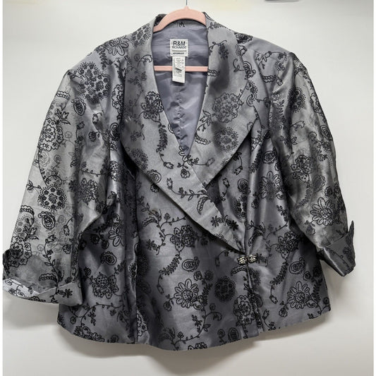 R&M Richards Womens 26W Gray Floral Embroidered Jacket Formal Blazer