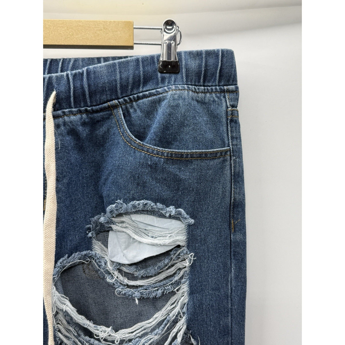 American Bazi Distressed Drawstring Jeans Women Size Large Blue Denim Grunge