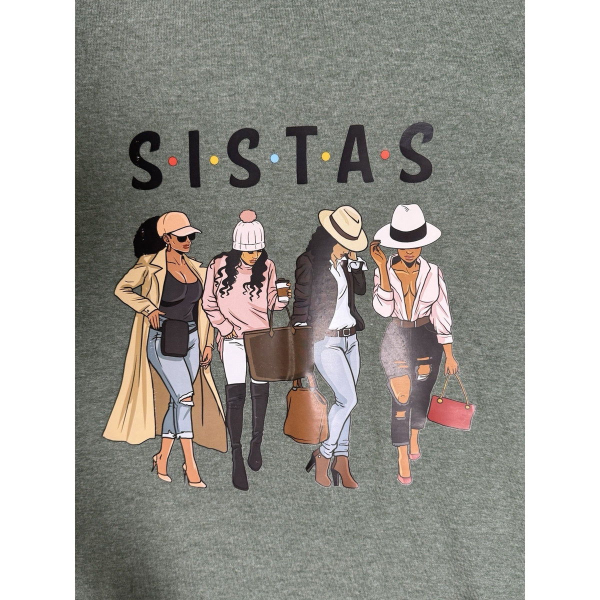 Gildan Sistas Graphic T Shirt XL Olive Green Friends Sisterhood Fashion Casual