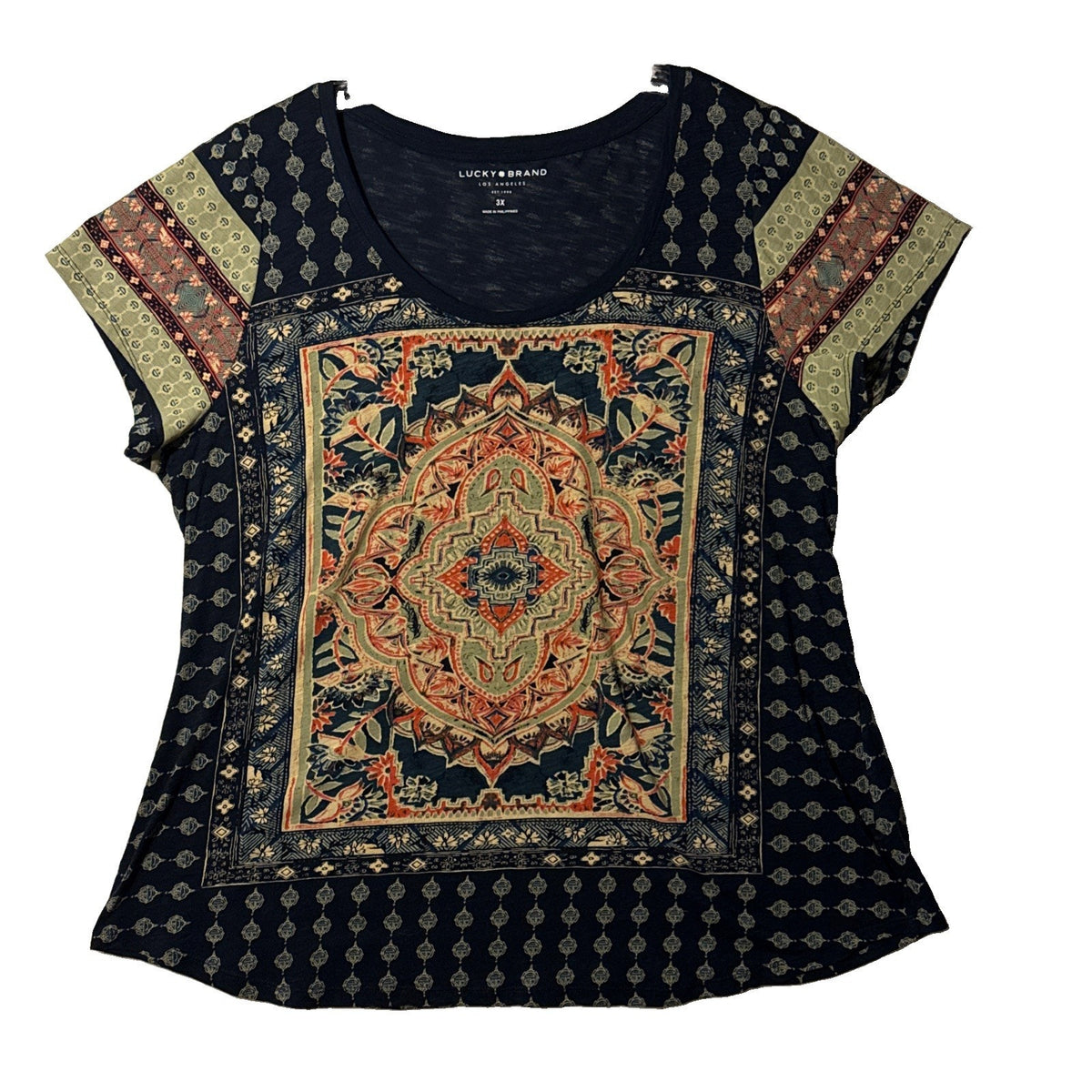 Lucky Brand Size 3X Persian Carpet Short Sleeve Scoop Neck Tee Top Navy Blue