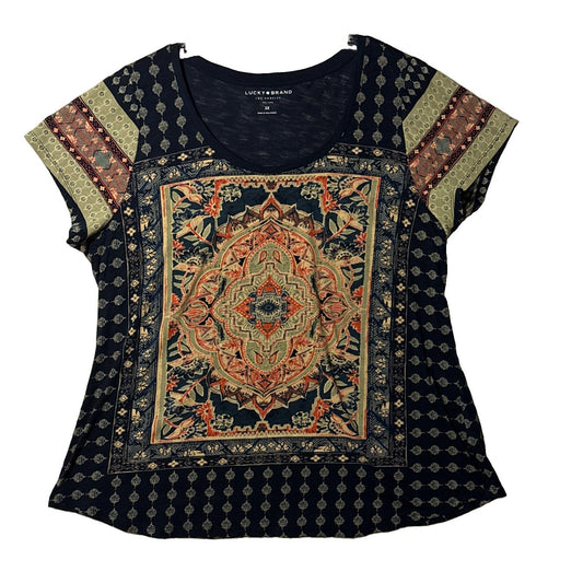 Lucky Brand Size 3X Persian Carpet Short Sleeve Scoop Neck Tee Top Navy Blue