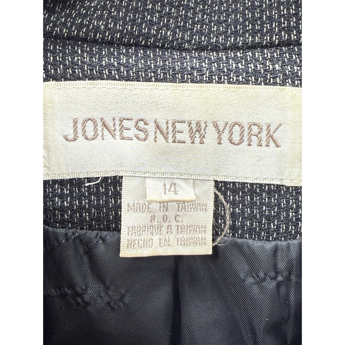 Vintage Jones New York Wool Blazer Womens 14 Black Gray Double Breasted