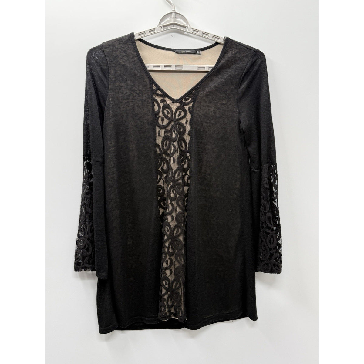 Doe & Rae Black Lace Inset Tunic Top Medium Sheer 3/4 Sleeve Boho Goth