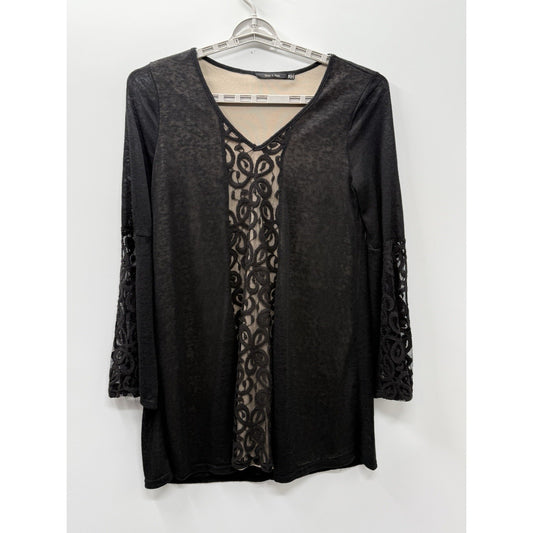 Doe & Rae Black Lace Inset Tunic Top Medium Sheer 3/4 Sleeve Boho Goth