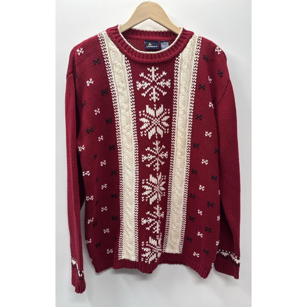 Vintage Liz Sport Cable Knit Snowflake Sweater MEDIUM Crew Neck Cotton Chunky