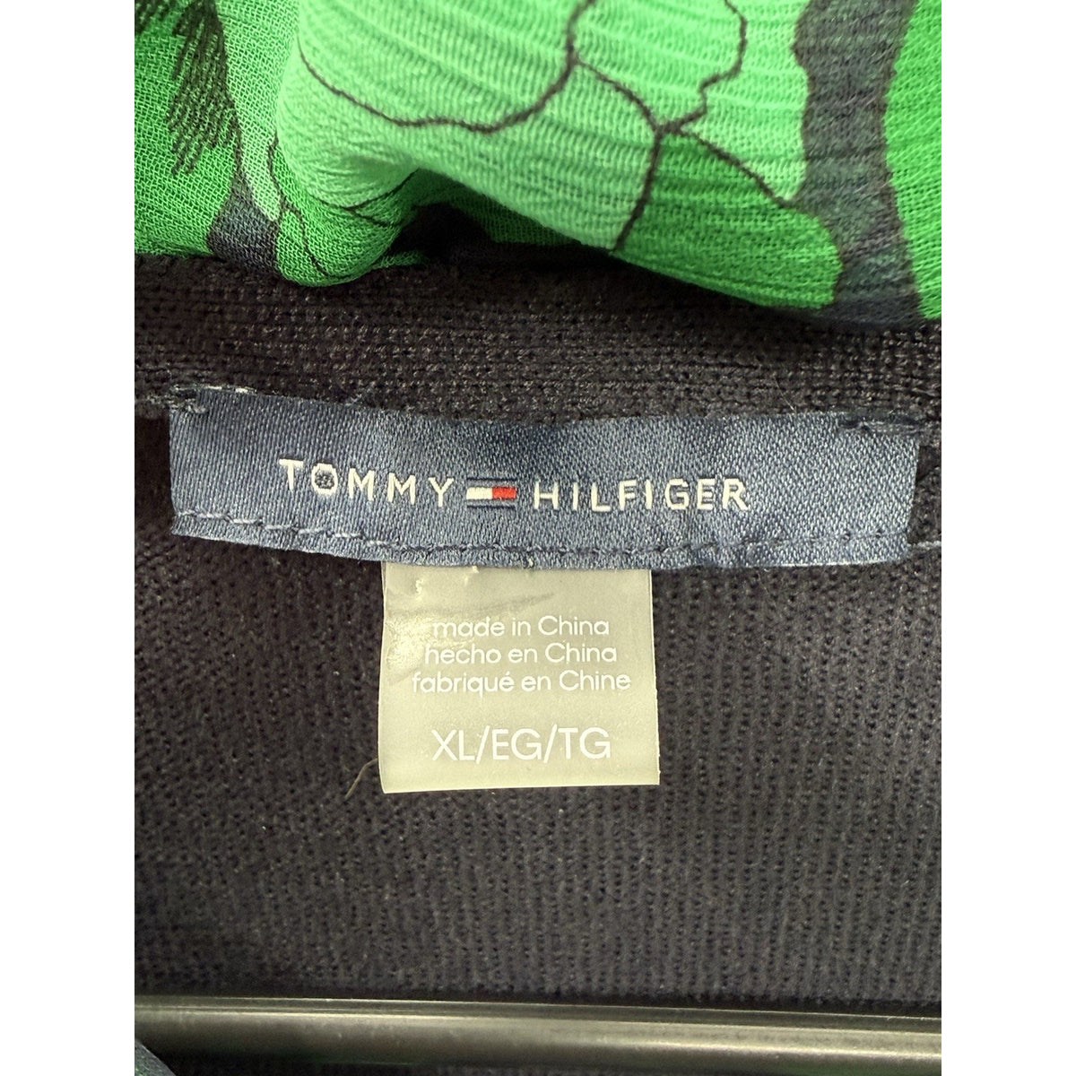 Tommy Hilfiger XL Tie Neck Sweater Green Floral Sleeve V Neck Mixed Media Top