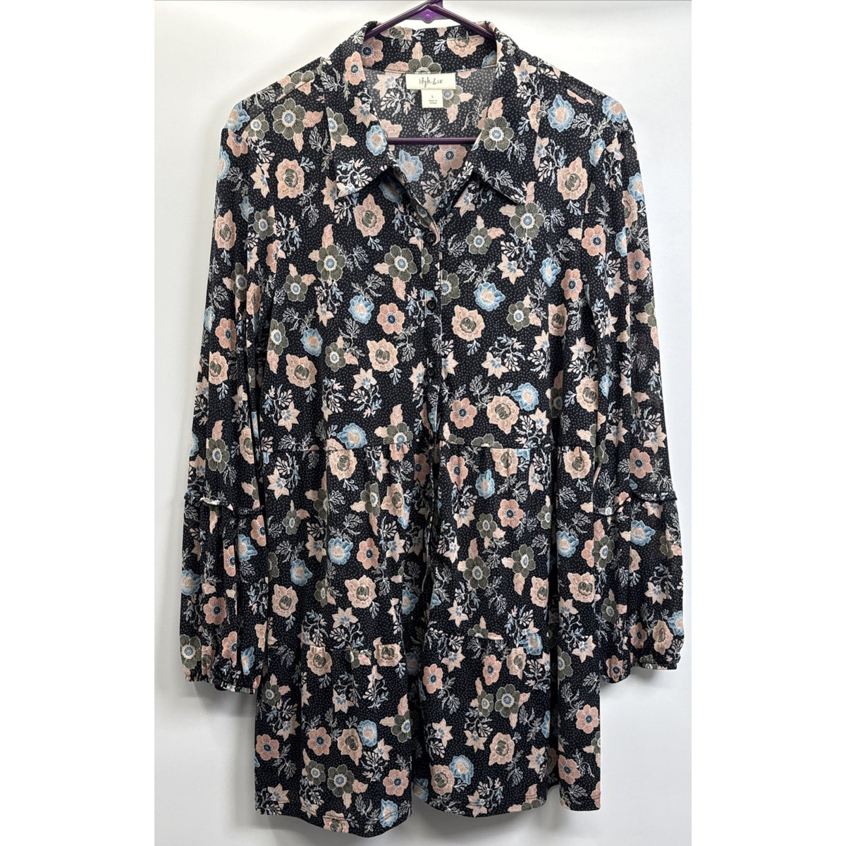Style & Co Woman L Black Floral Tiered Button Front Mesh Tunic Blouse Top Boho