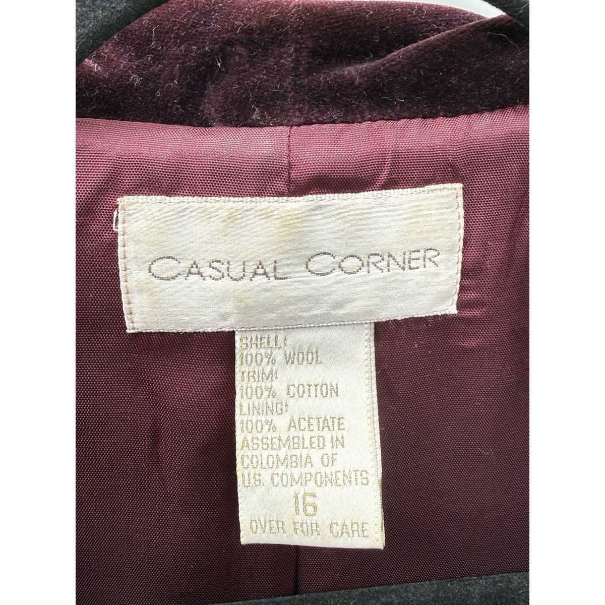 Casual Corner 100% Wool Blazer Jacket Size 16 Burgundy Velvet Trim Lined Career