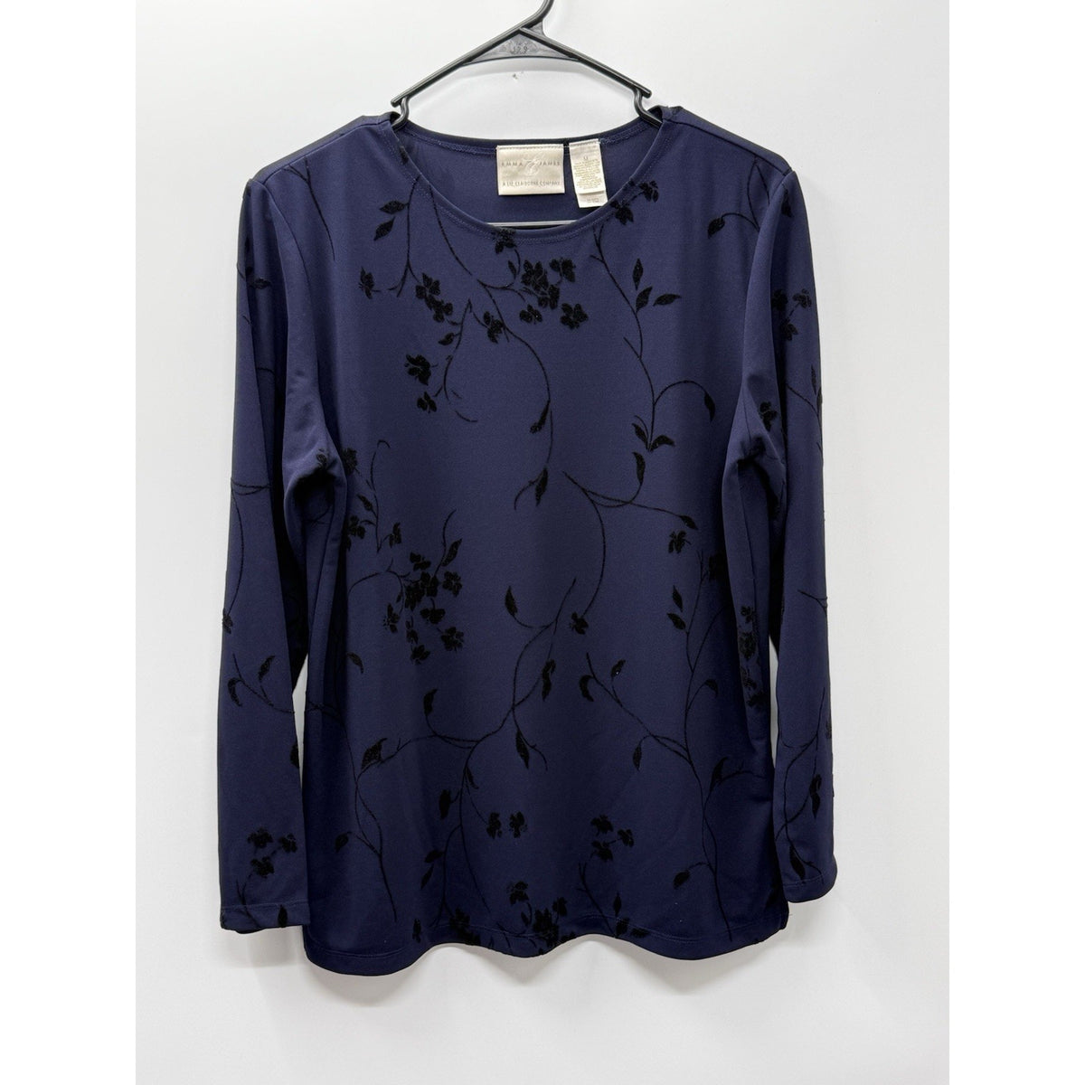 Emma James Medium Navy Flocked Floral Top Long Sleeve Stretch Side Slit Classic