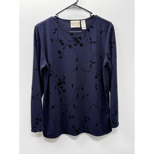 Emma James Medium Navy Flocked Floral Top Long Sleeve Stretch Side Slit Classic