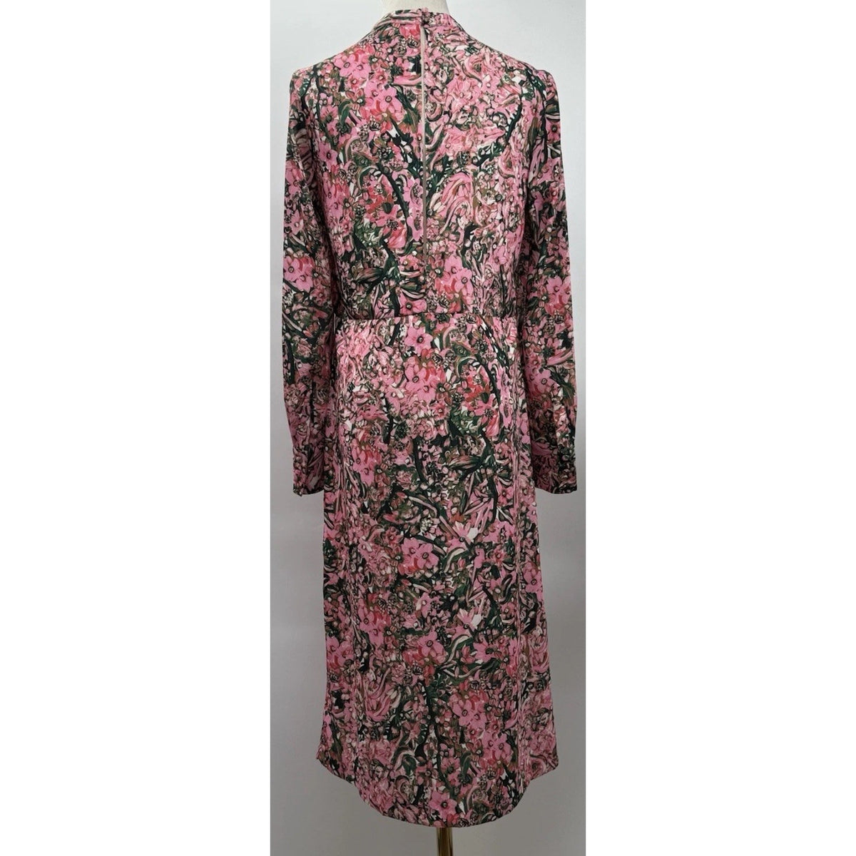 H&M Long Sleeve Pink & Green Midi Dress Size 4 High Neck Open Back Lightweight