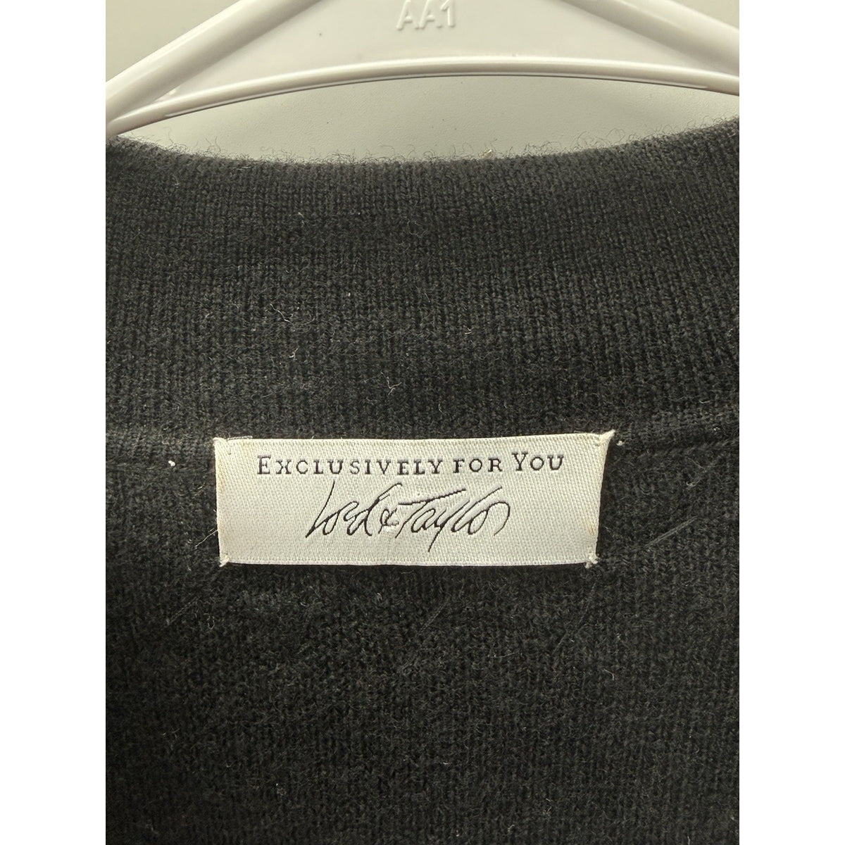 Lord & Taylor Wool Cardigan Sweater L Black Beaded Open Front Collared Classic