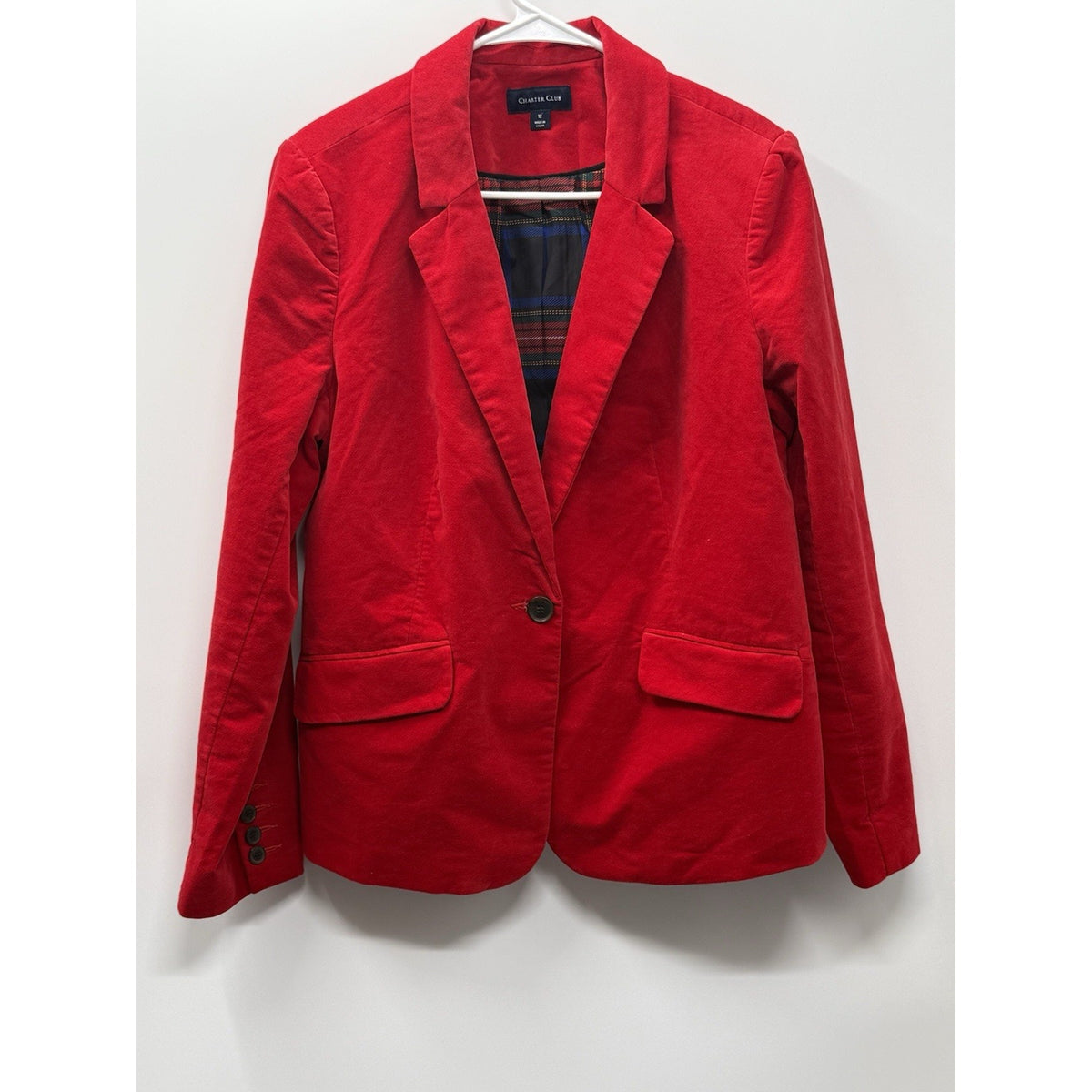 Charter Club Red Blazer Jacket Womens 12 Plaid Lined Preppy Holiday Career