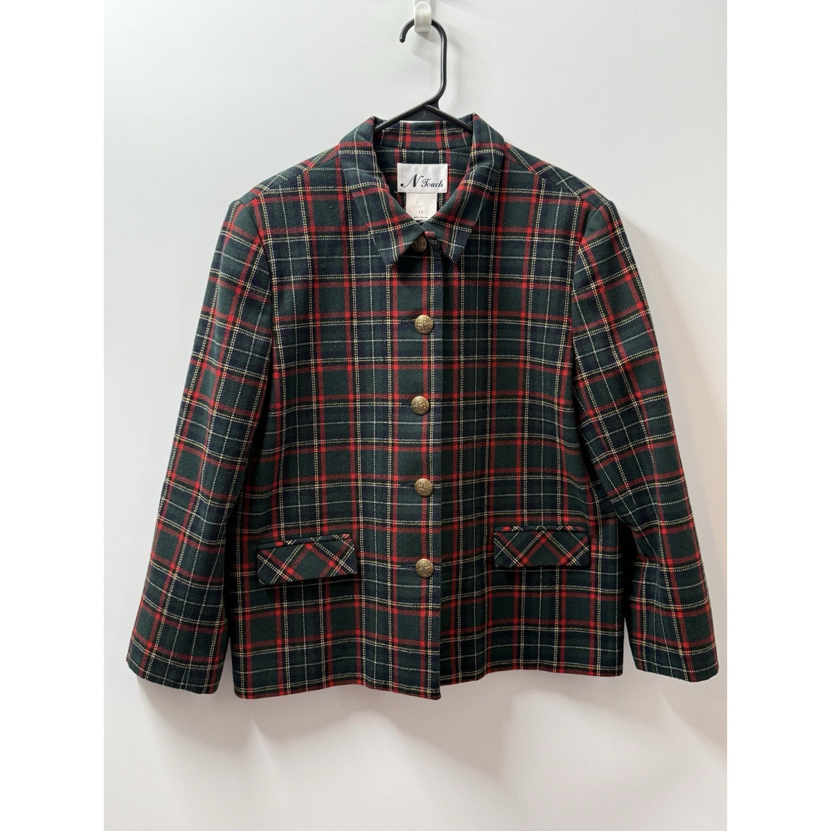 Vintage N Touch Blazer Womens 16 Green Tartan Plaid Wool Gold Button USA