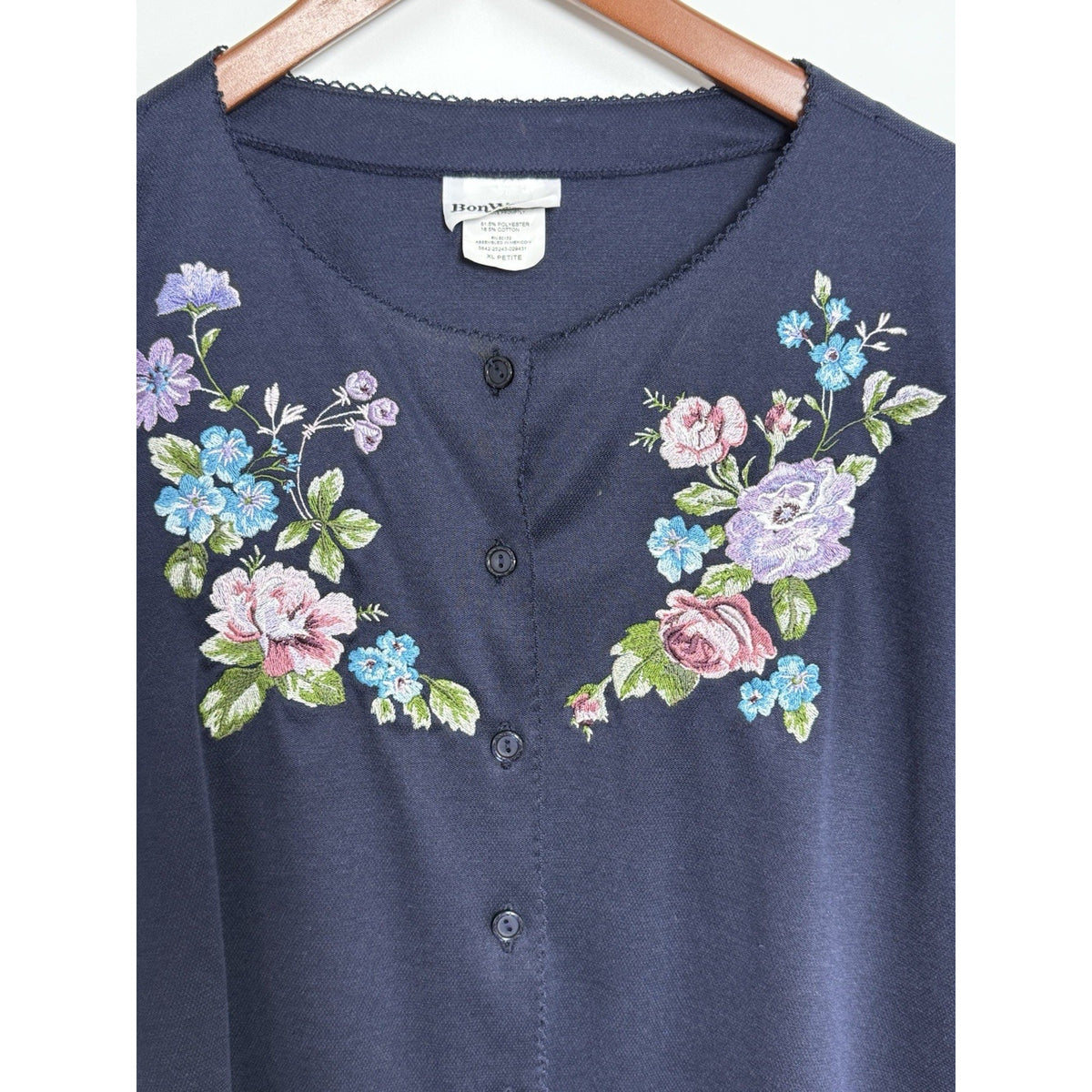 BonWorth Womens Petite XL Navy Knit Floral Embroidered Button Front SS Top