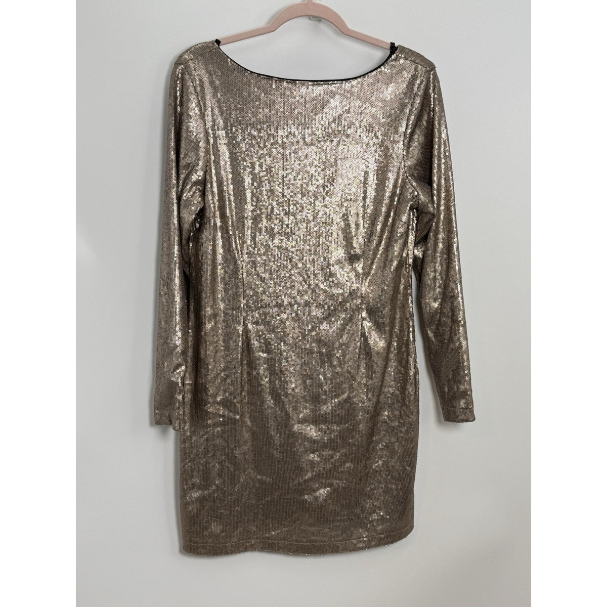 Kardashian Kollection Gold Sequin Shift Dress Sz L Scoop Neck Long Sleeve Flaw